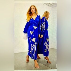 ASOS EDITION satin wrap midi dress with trailing tulip embroidery in blue